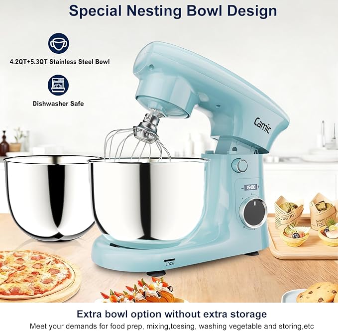 Camic Stand Mixer, 4.2QT+5.3QT Two bowls Electric Food Mixer, 10 Speeds with Digital setting 3-IN-1 Kitchen Mixer for Baking Cakes Cookie Bread Salad with Egg Whisk,Dough Hook,Flat Beater(Blue)