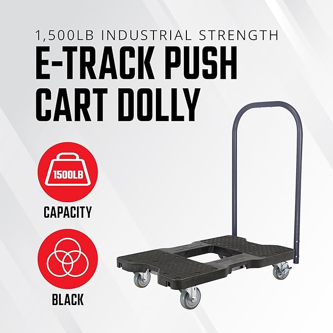 SNAP-LOC, Heavy Duty Push Cart Moving Dolly 4 Wheels, 1,500 lb with Push Bars, 4 Inch Casters, Dollies for Moving Cargo, E Strap Attachment Included, Black
