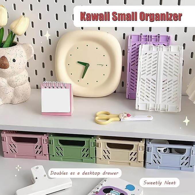 Small Pastel Plastic Storage Bins 2Pcs Foldable Pastel Crates Plastic Basket Colorful Storage Containers Baskets for Classroom Kitchen Office Bedroom Desktop Home Decor (Green 5.8" x 3.8" x 2.2")