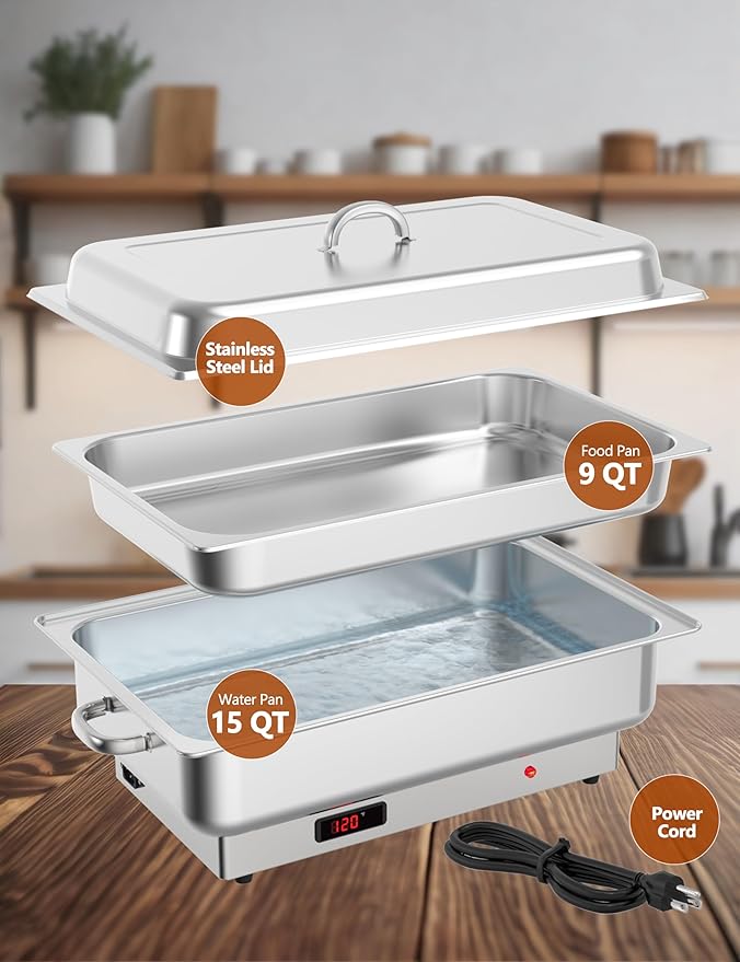 2 Pack Electric Chafing Dish Buffet Set, 9QT Food Servers and Warmers, Stainless Steel Commercial Catering Food Warmers with Temperature Control Display for Weddings, Parties and Festivals