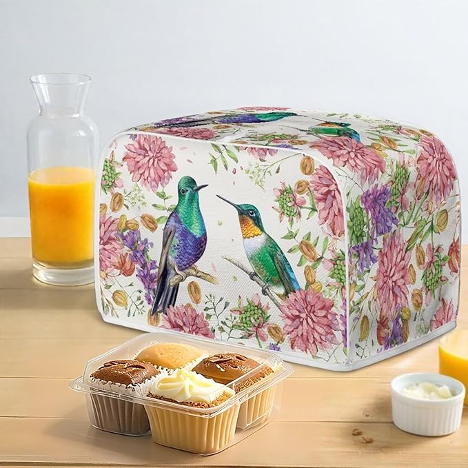 Hummingbird Floral Print Toaster 2 Slice Cover Fingerprint Protection Waterproof Toaster Dust Cover Kitchen Accessories Decor