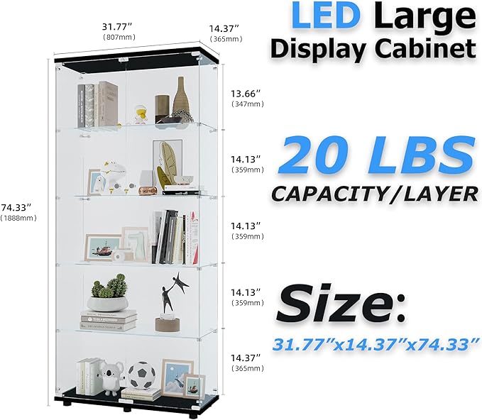 74" H 5-Shelf Glass Display Cabinet with Double Door, Modern Curio Cabinet Collection Display Case, Floor Standing Bookshelf Glass Case with Lock for Living Room,Home Office (Black)