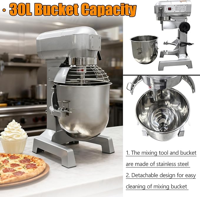 TECHTONGDA 30L Commercial Stand Mixer, Heavy Duty Food Mixer, 110V Dough Kneading Machine, Electric Flour Mixer Machine with 3 Speeds Adjustable for Bakery Pizzeria, Dough Hook Whisk Beater Included