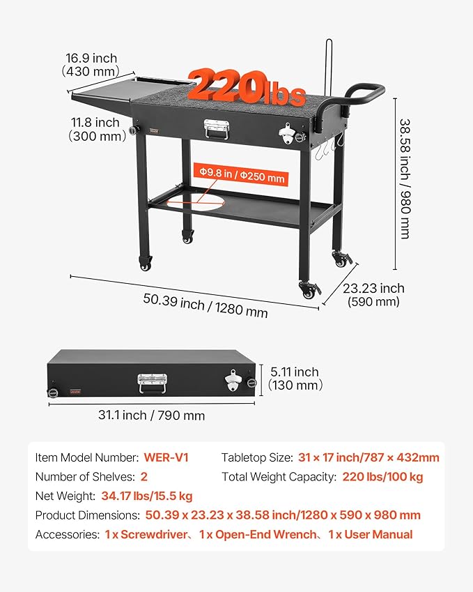 VEVOR Outdoor Grill Cart, 31.0 x 17.0 inch Tabletop Size Grilling Table, Foldable Outdoor Cooking Table with Tissue Holder, Hooks, Wheels, Side Table, BBQ Prep Tables for Picnic, Kitchen, Courtyard