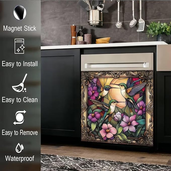 Stained Glass Hummingbird Dishwasher Cover, Flower Dishwasher Magnet Covers Decorative for The Front, Magnetic Refrigerator Cover Fridge Decal, Dish Washer Magnet Appliance Sticker, 23"X17"