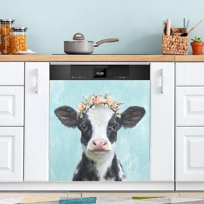 Flowers Cow Teal Dishwasher Magnet Cover for Front Panel Magnetic Dishwasher Cover Decorative Refrigerator Magnet Covers Dishwashers Magnetic Sticker for Kitchen Home, 23" x 26"