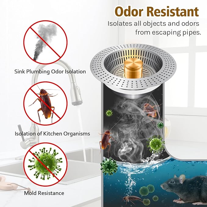 Kitchen Sink Drain Strainer Stainless Steel,Sink Food Catcher Press - Activated, Kitchen Sink Stopper and Drain Stop,Drain Cover Plug Filter Kitchen Sink,Sink Strainer Basket,Gold Kitchen Accessories