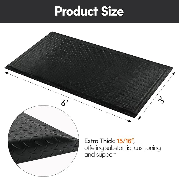 Anti Fatigue Mats Industrial 3' x 6' 15/16" Thick Ergonomic Standing Mat Commercial Kitchen Mat Heavy Duty Diamond Plate Cushioned Shop Floor Mats Helps Relieve Back and Leg Soreness