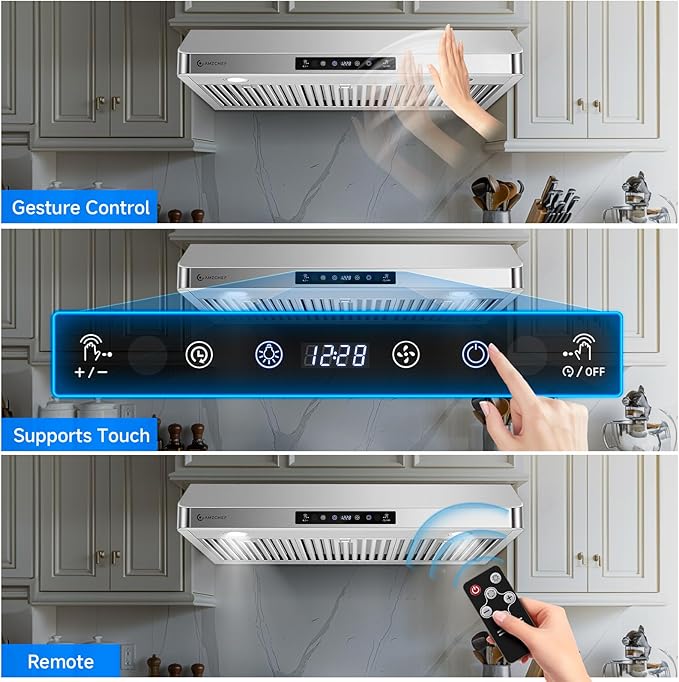 AMZCHEF Under Cabinet Range Hood 36 Inch, 700CFM Stainless Steel Kitchen Stove Vent Hood 3 Speed Exhaust Fan Touch/Remote/Gesture Control LED lights Time Setting Dishwasher-Safe Baffle Filters
