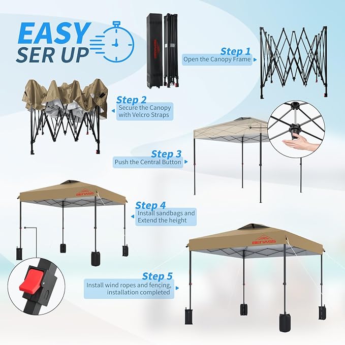 8x8 Pop Up Canopy, Easy Up Canopy Tent, Heavy Duty Tents for Parties, One Person Set Up Event Tent, Khaki