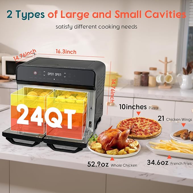 24Qt Dual Zone Air Fryer Oven with Rotisserie, Extra Large Double Air Fryers Mini Oven Digital 1800W 10 in 1 Airfryer Countertop Convection Toaster Oven Combo, Stainless Steel Inner, 360° Even Heating
