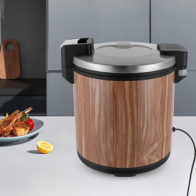 6-Gal Electric Rice Warmer | Two Temperature Settings | 110V 110W Commercial Food Warmer with Flip Lid & Rice Spoon for Parties, Festival Banquets, Catering (Wood Grain/American plug 110V)