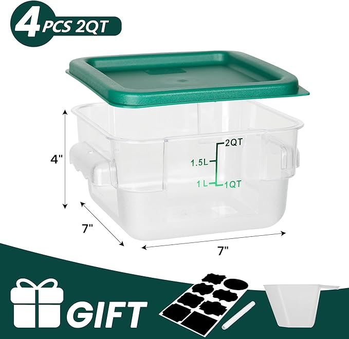 4 Pack Food Storage Containers, 2 Quart with Lids, Square Commercial Containers with Scale, NSF, Polycarbonate, Clear