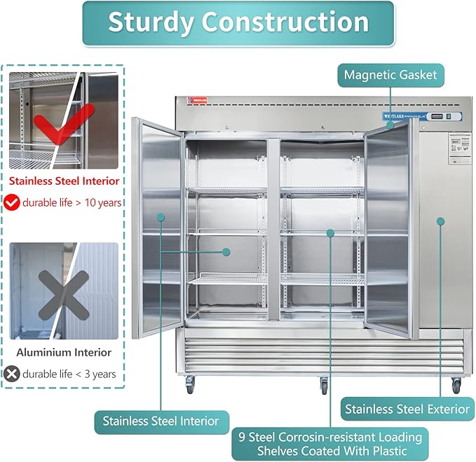 WESTLAKE 82" W Commercial Refrigerator 3 door 3 Section Stainless Steel Reach in Solid door Upright Fan Cooling 72 Cu.ft Cooler for Restuarant, Bar, Shop, etc