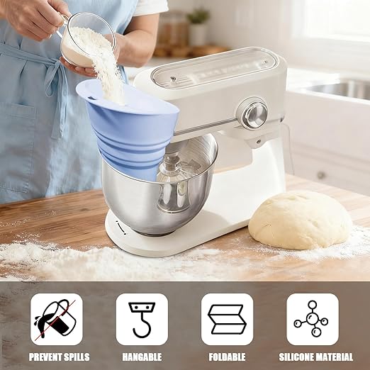 Flour Funnel for Kitchen Mixer，Silicone Funnel with Easy-Pour Attachment Fits4.5 & 5Quart Tilt-Head Mixers, Easy Clean Durable Mess-Free Baking Accessory (Blue,KSM150)