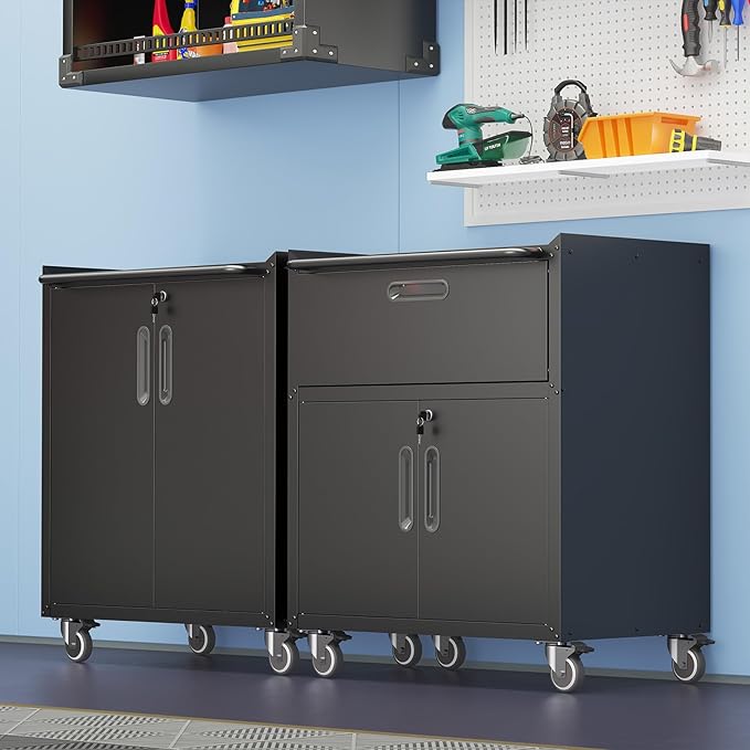 Black Garage Storage Cabinet with Drawers Metal Tool Cabinets on Wheels Heavy Duty Tool Storage Carts with Lock Rolling Tool Cart Mobile Cabinet for Warehouse Basement, Assembly Required