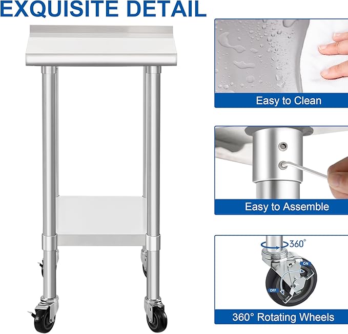 HARDURA Stainless Steel Commercial Work Table with Wheels Prep & Work Metal Table 24×24 Inches Heavy Duty NSF with Casters and 2" Backsplash