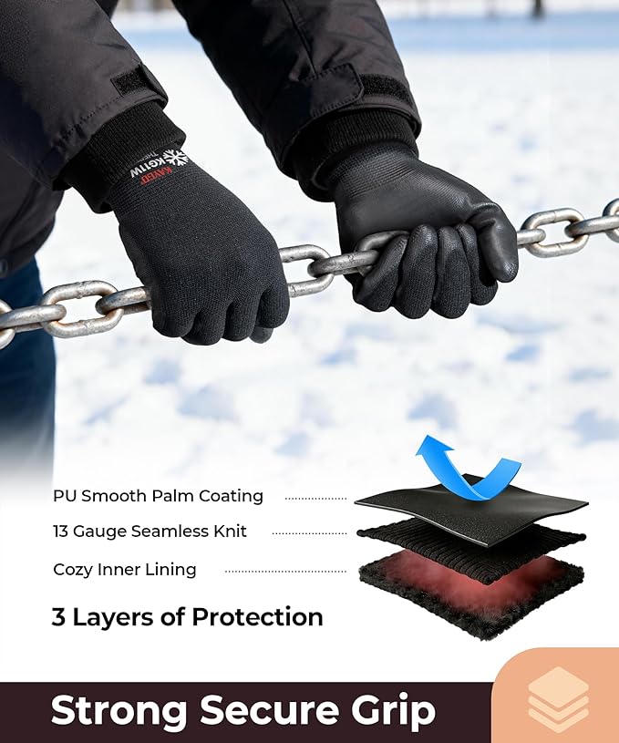 KAYGO Winter Work Gloves for Men and Women, 12 Pairs Thermal Insulated Safety Work Gloves PU Coated, Smooth Grip on Palm & Fingers,Ideal for Freezer Work,Black,XL