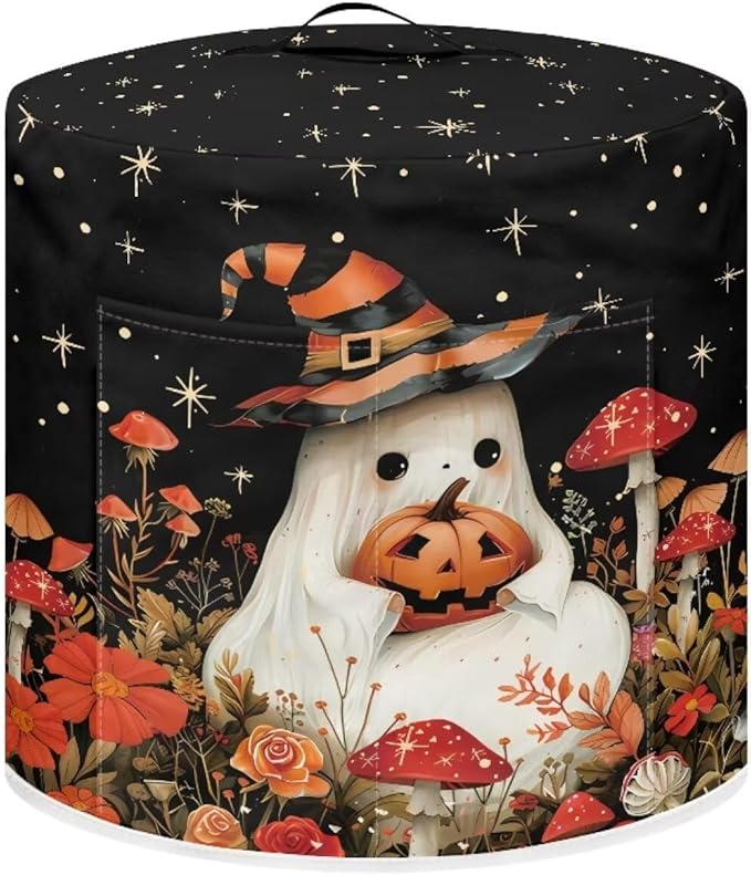 Halloween Cute Ghost Floral Pressure Cooker Dust Cover with Top Handle and Storage Pocket Kitchen Appliance Decor Air Fryer Rice Cooker Cover Machine Washable
