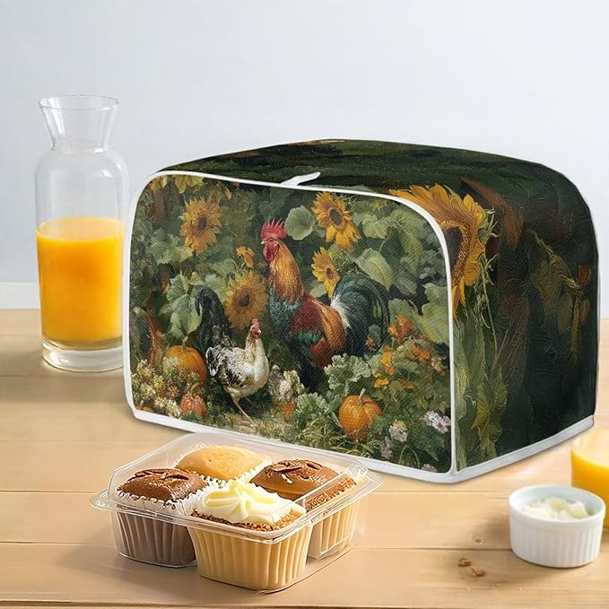 UNICEU Sunflowers Rooster Print Toaster Cover 2 Slice Stain Resistant Oil Protection Dust Cover Washable Kitchen Small Appliance Covers for Bread Maker