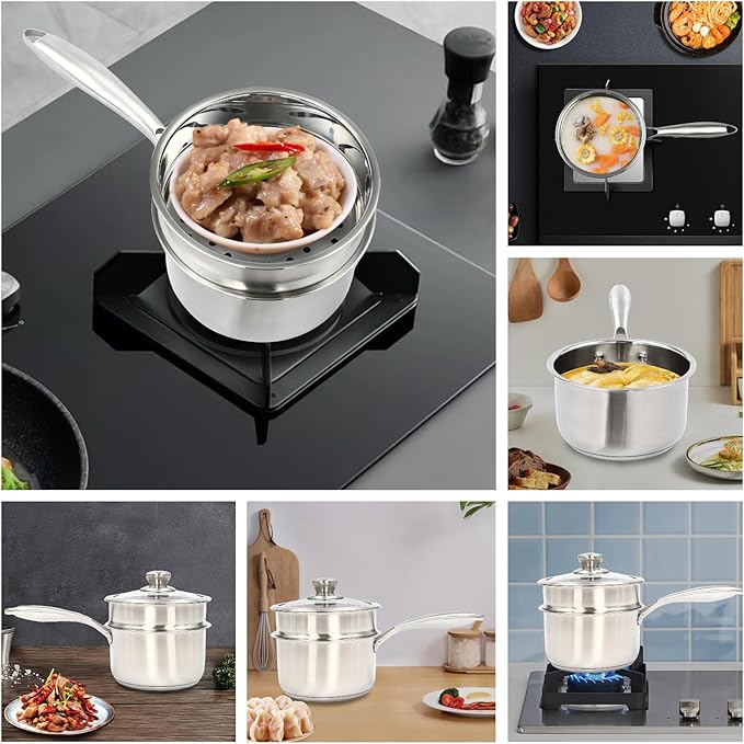 Steamer 18cm/7.08in, 2-tier Polished Stainless Steel Steam Cooker w/Clear Lid, 14cm/5.51in Saucepan w/ 19cm/7.48in Handle, Home Stackable Steam Pot for All Stoves (1xBottom Pot, 1xSteaming Basket)
