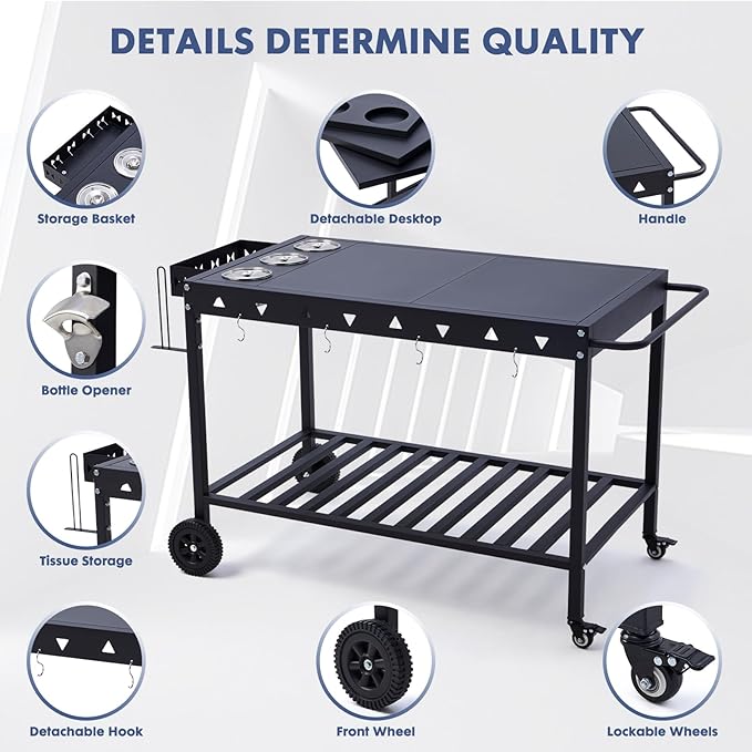 Portable Outdoor Grill Table with Wheels, Heavy-Duty Griddle Stand Grill Cart with Shelves,Towel Holder, Spice Pots & Bottle Opener, Multi-Functional BBQ Prep Station & Utility Cart