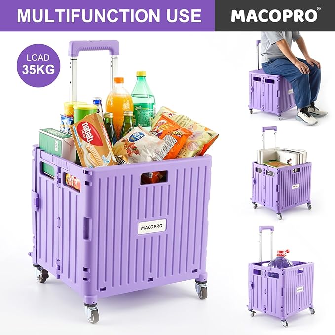 Foldable Utility Cart Folding Portable Rolling Crate Handcart with Durable Heavy Duty Plastic Telescoping Handle Collapsible 4 Rotate Wheels for Travel Shopping Moving Luggage Office Use (Purple)
