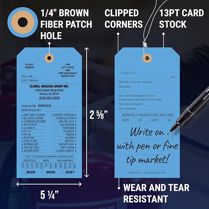 Tags 4 Less Custom Fire Extinguisher Tags – Preventative Maintenance Labels for Monthly Inspections, Alternative to Safety Sticker for Easy Record-Keeping – Pack of 100 (Dark Blue, Cardboard)