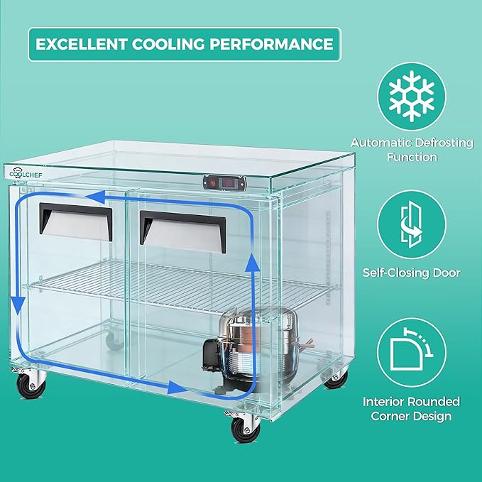 48" Commercial Double Door Worktop Refrigerator, 12.2 Cu.ft Stainless Steel Undercounter Prep Table Fridge, R290 Commercial Cooler with Casters