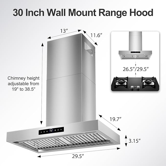 30 inch Range Hood Wall Mount, 1200 CFM with 4-Speed Gesture Sensing & Touch Control, Stainless Steel Ducted Kitchen Stove Vent Hoods with 2 LED Lights, Time Setting, Dishwasher-Safe Baffle Filters