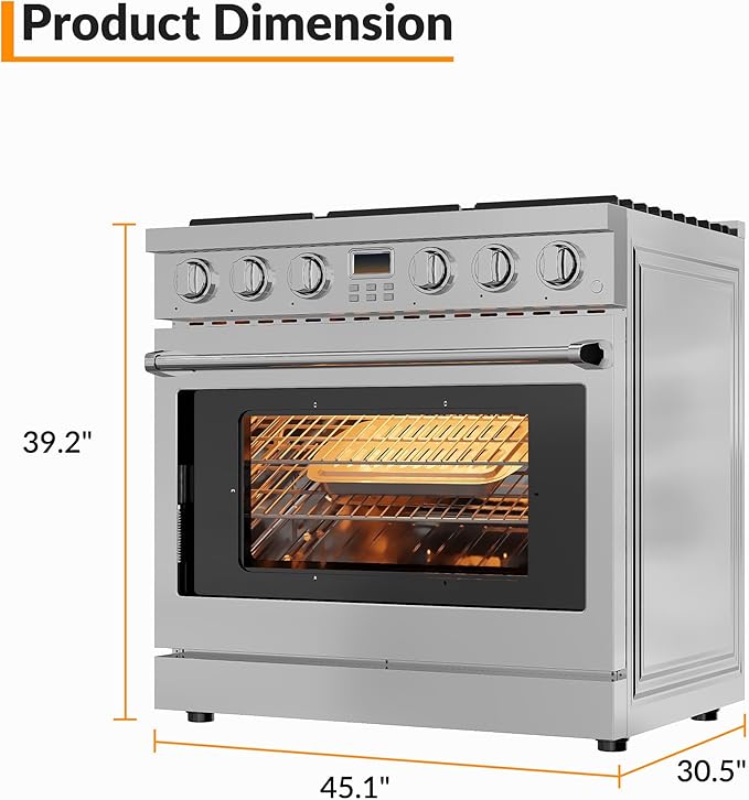 36 Inch Stainless Steel Dual Fuel Range, Freestanding Stove with 6 Sealed Gas Burners and a 6.0 Cu.Ft Self-Cleaning Electric Oven, Features True Convection for Home or Commercial Kitchens