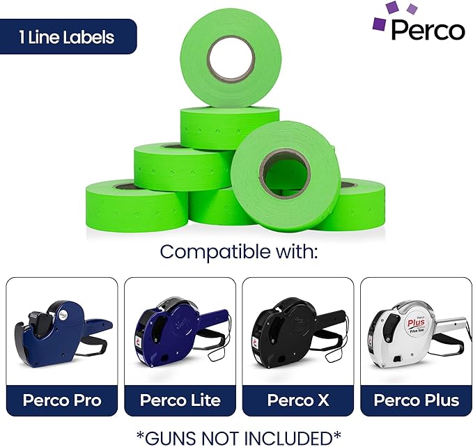 Perco 1 Line Fluorescent Green Labels - 8 Rolls, 1 Sleeve, 8,000 Blank Price and Date Gun Labels for Perco Lite, X, Plus and Pro 1 Line Price and Date Guns - Made in USA