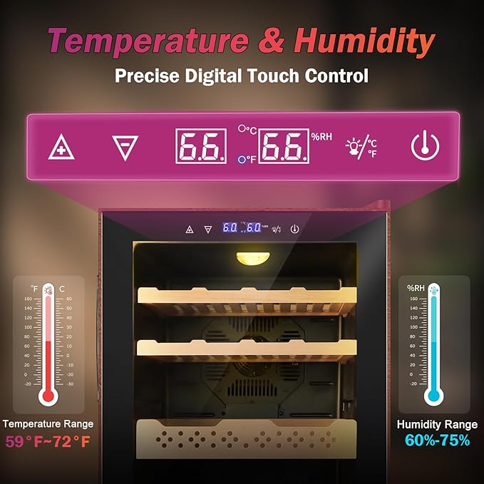 Electric Humidor with Leather-70L Cooling & Heating Humidor Cabinet, Smart Touch Control Humidity & Temp, Humidors wtih Spanish Cedar Wood Tray Digital Display, Safety Lock, Desktop Gift for Men