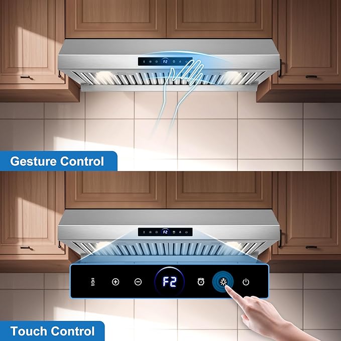 30 inch Range Hood Under Cabinet 1200 CFM with 4-Speed Gesture Sensing & Touch Control, Stainless Steel Kitchen Stove Vent Hoods with 2 LED Lights, Time Setting, Dishwasher-Safe Baffle Filters