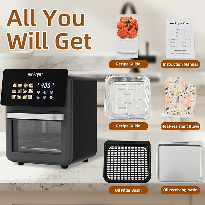 10L Large Xl Pro Air Fryer Oven With Grill Combo For Kitchen Countertop Use,12 in 1 Smart Convection Ovens,AirFryer With Glass View Window,Nonstick Basket,Fryer Liners,Removable Door-Black