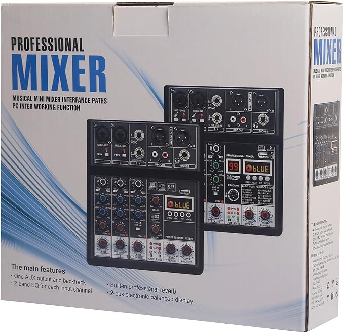 Dj Mixers 4 Channel Audio Mixer Sound Board with Bluetooth, Usb Audio Interface with 48V Phantom Power Sounds Mixer Board with 99 DSP FX Reverb Delay Effect