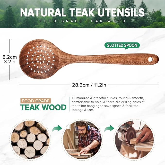 Wooden Cooking Utensil, Teak Slotted Spoon for Cooking, Natural Wood Colander Ladle Spoon with Holes, Long Handle Teak Skimmer Strainer Spoon with Teeth for Straining Draining Egg Meat Noodles,11.2″