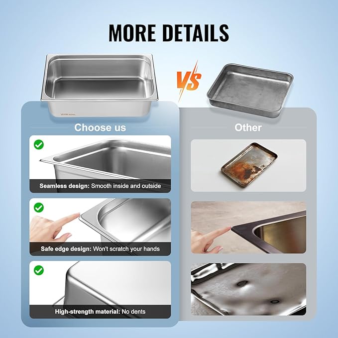 VEVOR 6 Pack Hotel Pans, Full Size 0.8mm Thick 6-Inch Deep Commercial Stainless Steel Restaurant Steam Table Pan, Catering Storage Food Pan, for Industrial & Scientific