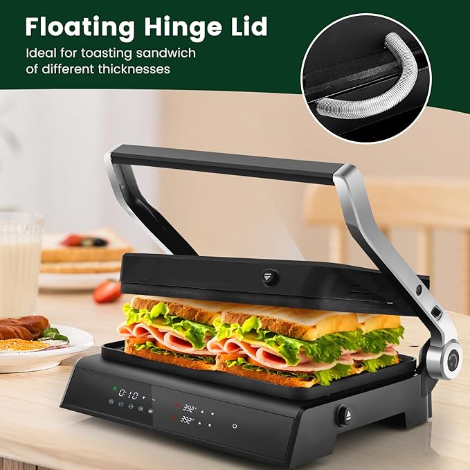 ARLIME Panini Grill Press Sandwich Maker, 180 Degrees w/5 Auto Cooking Modes & LED Display, 1200W Electric Indoor Grill with Removable Plates & Drip Tray, 3 in 1 Panini Press Grill for Breakfast