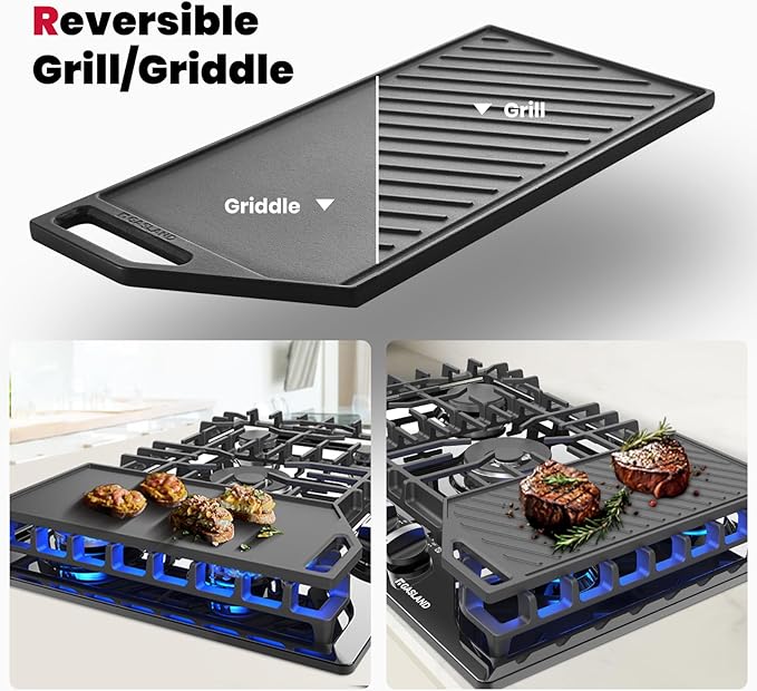 GASLAND 30 Inch Gas Cooktop with Griddle Black, PRO GH3305EF Gas Stovetop with 5 Burners, Reversible Cast Iron Grill/Griddle, Plug-in, NG/LPG Convertible, 120V Black, CSA certified