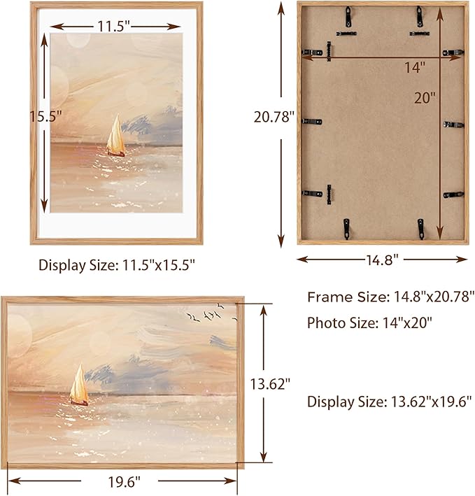 Fun Memories 14x20 Picture Frame, Solid Oak Wooden 14"x20" Photo Frame for Wall, 14 x 20 Frame Matted to 12 x 16, Tempered Real Glass, 14 x 20 Collage Gallery Frames (Natural Oak Color, 1 Pack)