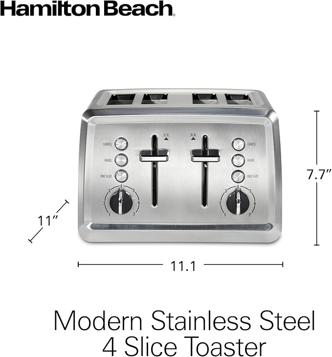 Hamilton Beach 4 Slice Toaster with Extra-Wide Slots, Bagel Setting, Toast Boost, Slide-Out Crumb Tray, Auto-Shutoff & Cancel Button, Stainless Steel (24798)