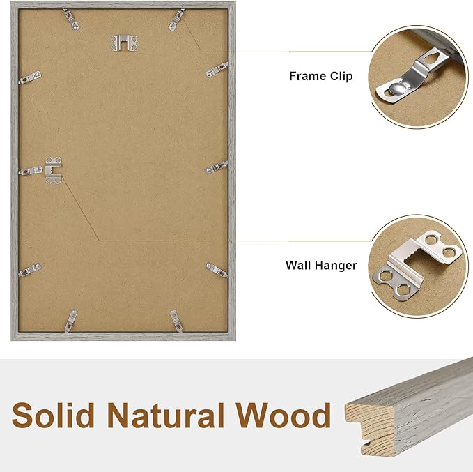 Vittanly 11x17 Picture Frame, Solid Wood Frame with Plexiglass, Includes 8x12 Mat, Wall Hanging for Photos, Home Decor, Grey, 1 Pack