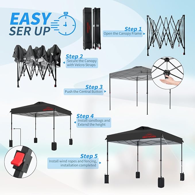 10x10 Pop Up Canopy, Easy Up Canopy Tent, Heavy Duty Tents for Parties, One Person Set Up Event Tent, Black