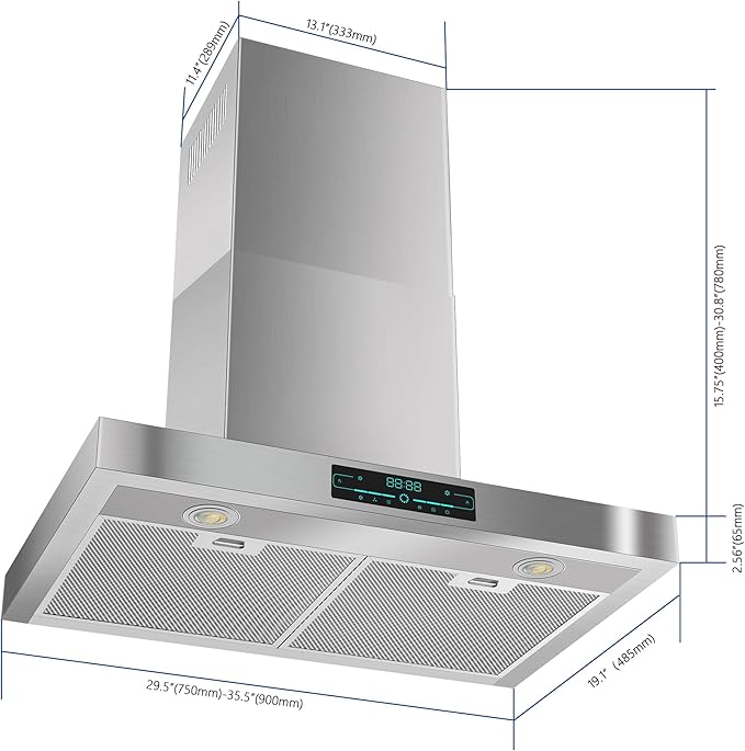 KMA-E30 Wall Mount Range Hood with 4-Speed Fan,900CFM Powerful Suction,30 Inch Stainless Steel Ducted Kitchen Vent Hood Extractor with Led Lights,Smart Touch Panel and Remote Control