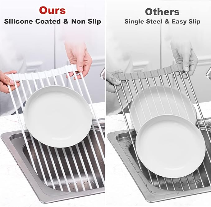 MERRYBOX Roll Up Over The Sink Dish Drying Rack Silicone Wrapped Foldable, Heat-Resistant, Anti-Slip Sink Rack Multipurpose Dish Drainer for Kitchen Sink Counter - White, 17.5" x 11"
