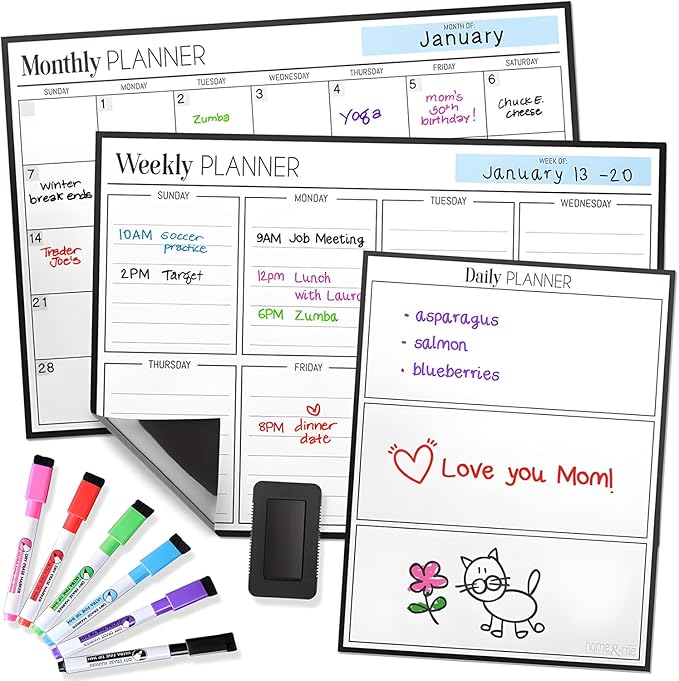 Cinch! Magnetic Calendar Bundle of 3 - Monthly, Weekly, Daily Planning Dry Erase Boards for Fridge - Magnetic Fridge Calendar Whiteboard Set with 6 Fine Tip Markers, Large Eraser, and Magnets