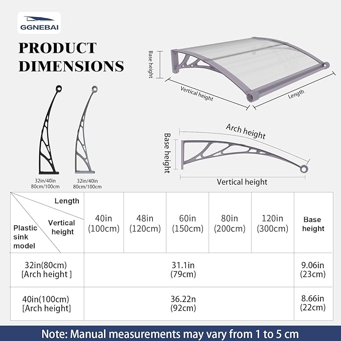Awning for Door Entrance,32x40 Inches Awnings for Doors with Separate Drainage,Front Door Awning Exterior,Polycarbonate UV, Rain, and Snow Protection for Porch,Patio,Window,Deck