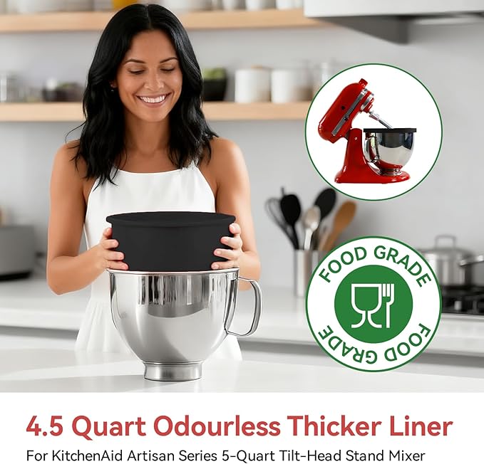 Silicone Liners for KitchenAid 4.5 Qt Tilt-Head Stand Mixer(Only), Odourless,Thicker, Cold/Heat-Resistant & Non-Stick, Easy Clean, Fits 4.5 Quart Mixing Bowl, Set of 3 with Lids