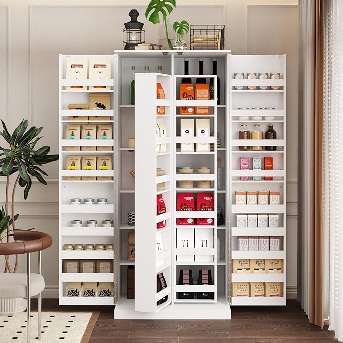 MOUMON Kitchen Pantry Storage Cabinet with Doors and Shelves, Rotating Racks, Tall Pantry Cabinet Cupboard with Door Racks, White, 19.7”D x 31.5”W x 72.2”H